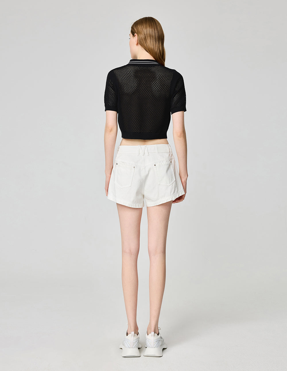 Women's Black Polo Neck Eyelet Sweater