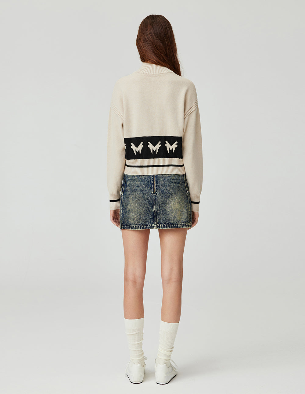 MF light beige ribbed stand collar zipper patchwork monster print knit open front