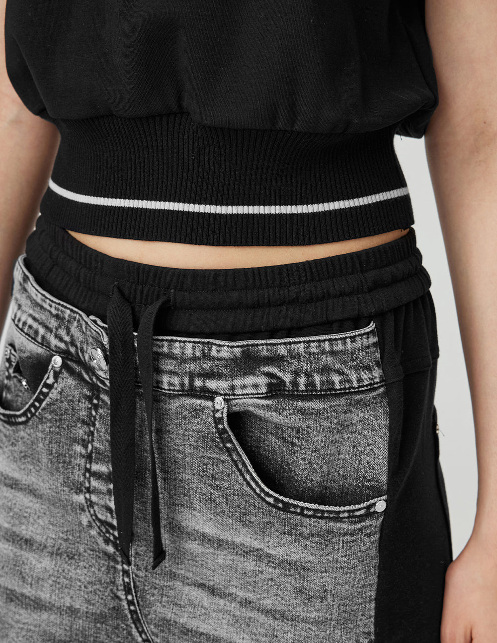 MF layered color-blocked washed long denim skirt