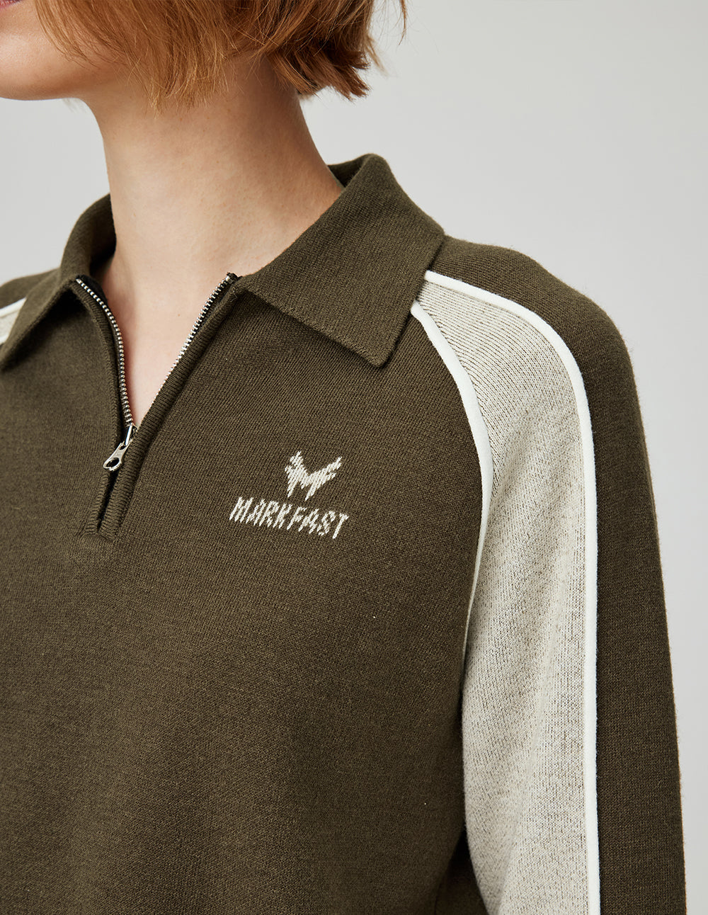 MF gray olive green contrast elastic ribbed waist lapel knitted sweatshirt