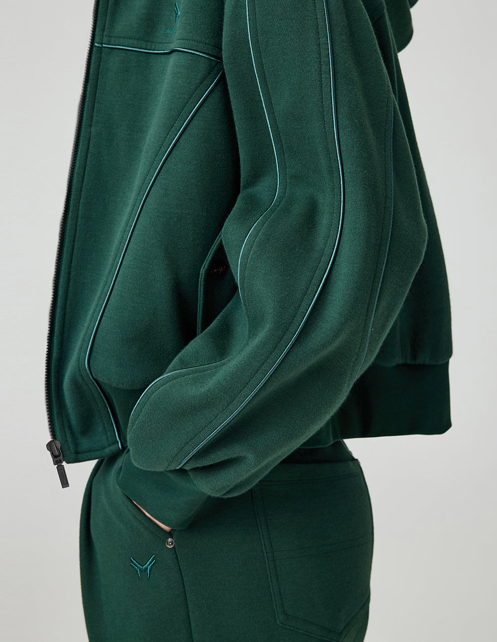 MF Deep Sea Green Loose Ribbed Ruffled Hooded Zipper Sweatshirt