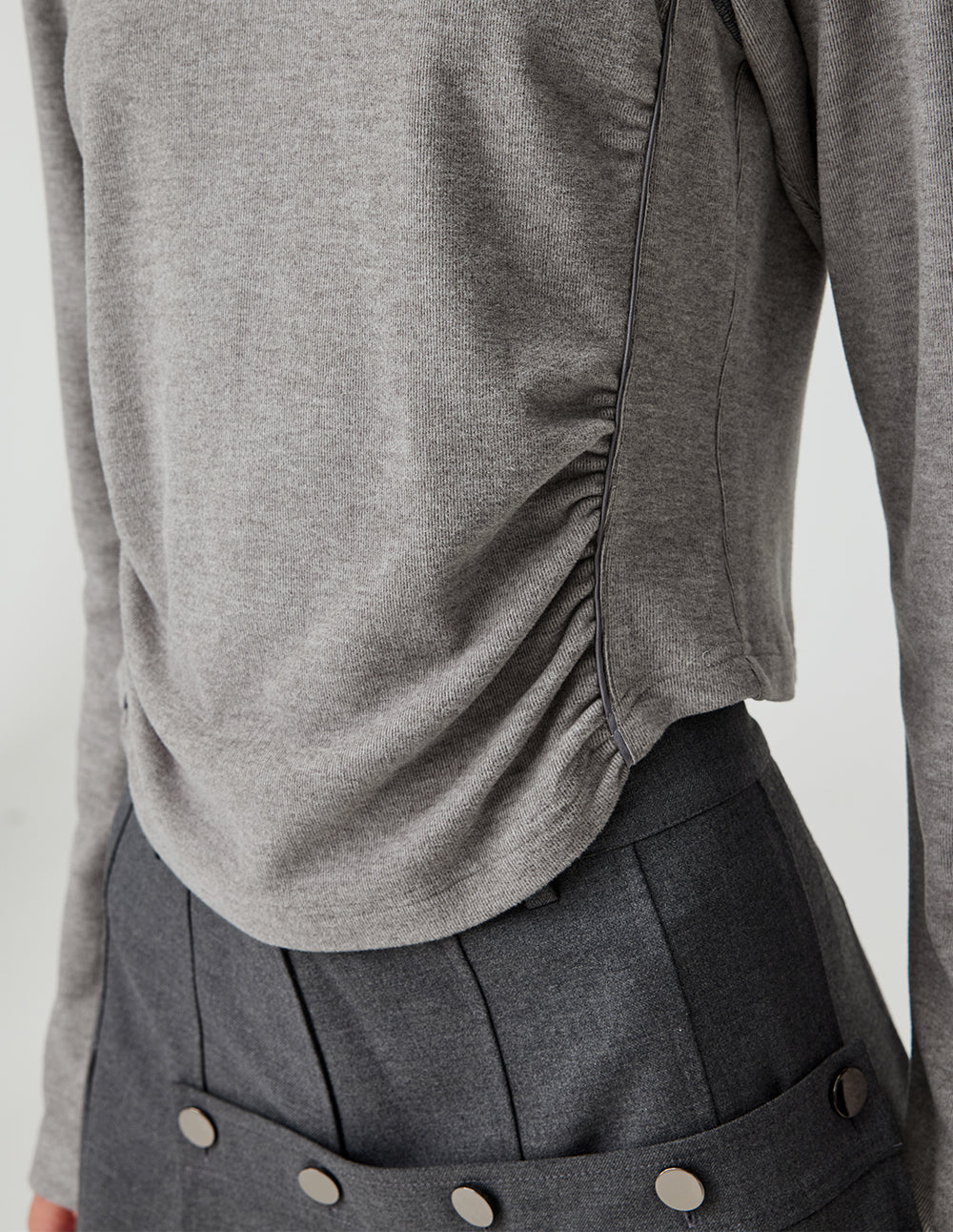 MF Collared Zipper Versatile Floral Gray Gathered Slim Waist Cropped Top