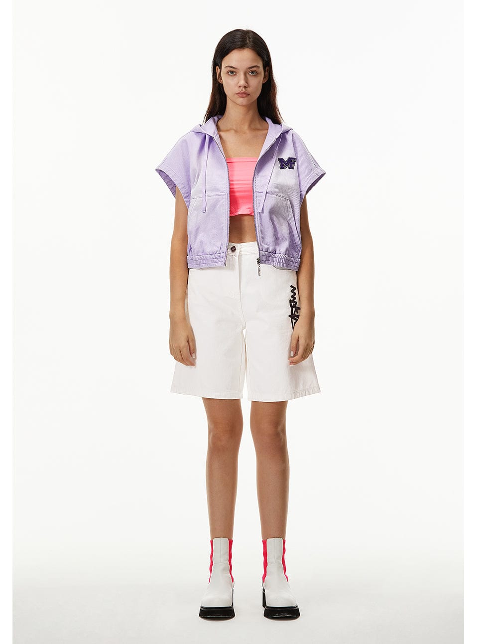 Women Embroidered Sleeveless Zip-Up Hooded Denim Jacket