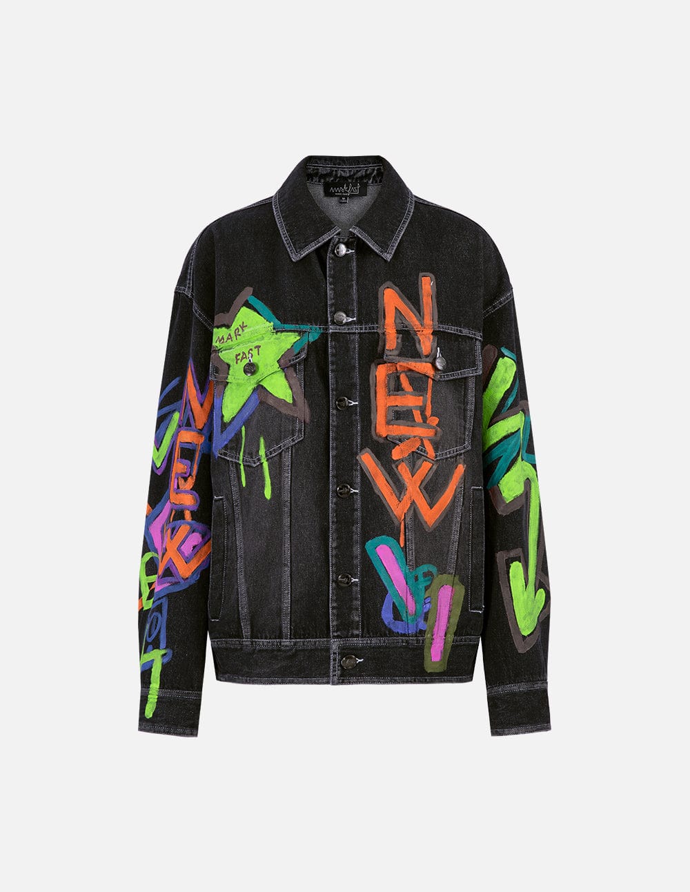 BLAC LEAF Change The Game Denim Jacket Coat Graffiti Print Bomber Neon Black XL on sale