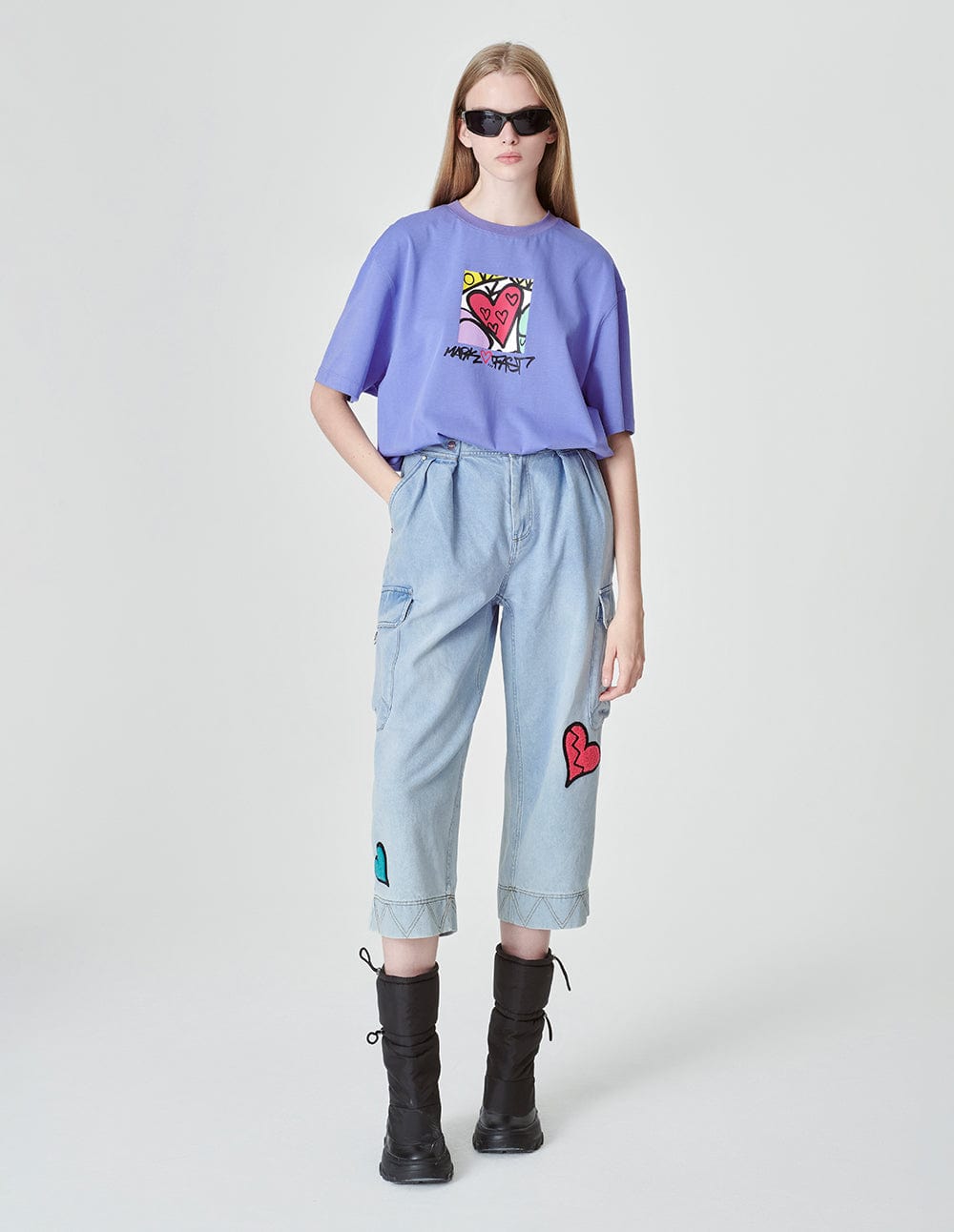 Ladies Light Blue Heart Print Jeans