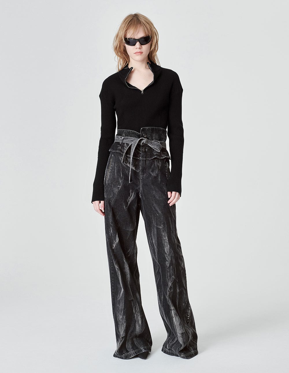 Women's Black Small Stand Zip Collar Knit Sweater