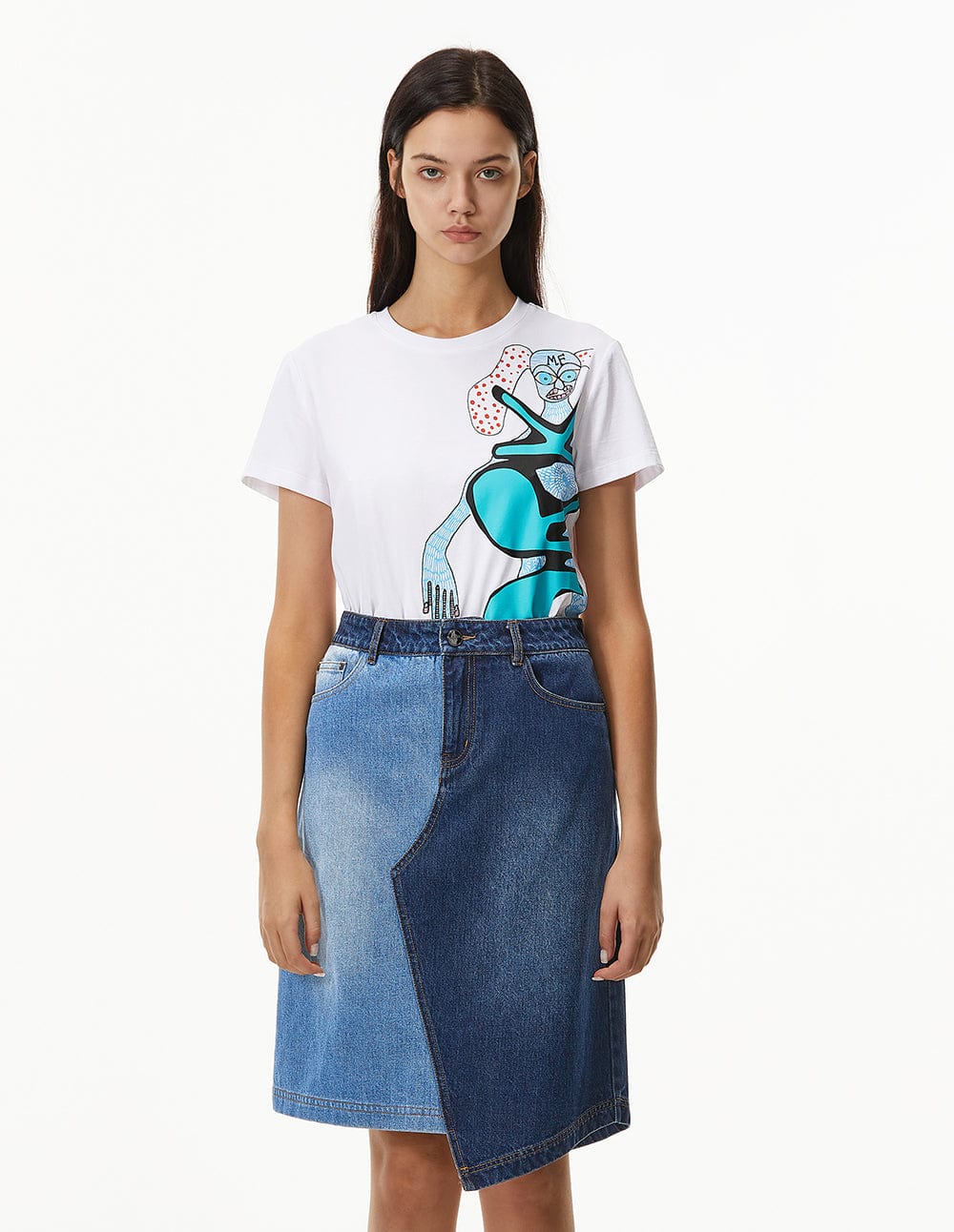 Women Color Block Asymmetric Denim Skirt