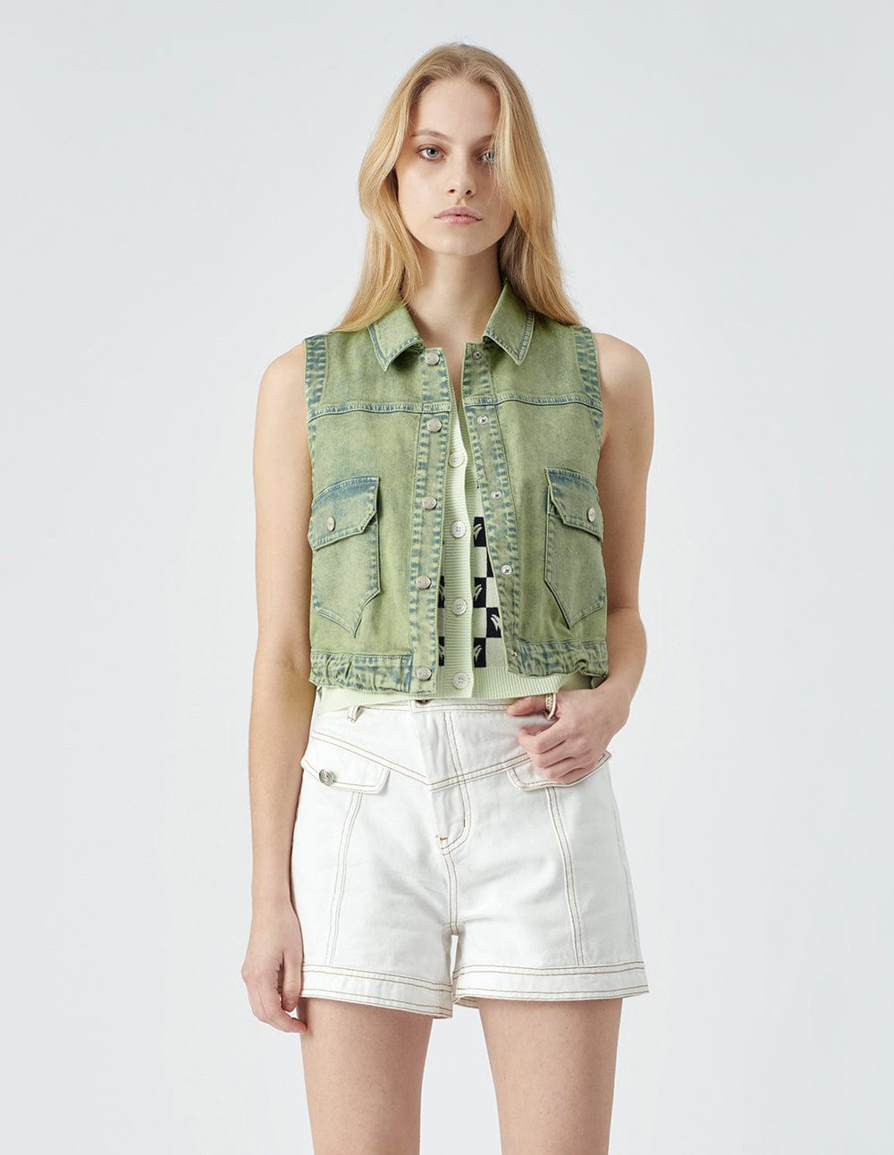 Women's Light Green Washed Denim Tank Top