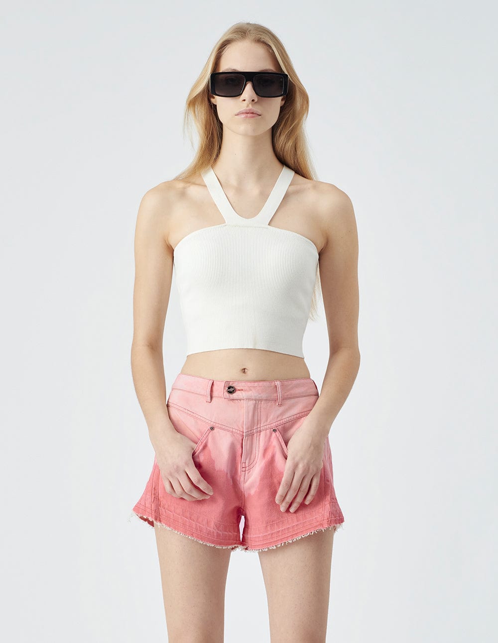 Women's Light Pink Tie-Blend Denim Shorts