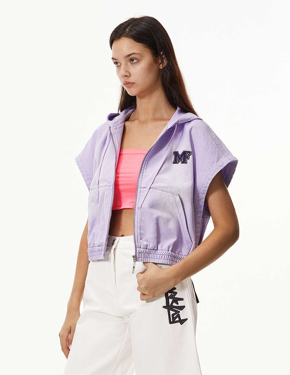 Women Embroidered Sleeveless Zip-Up Hooded Denim Jacket