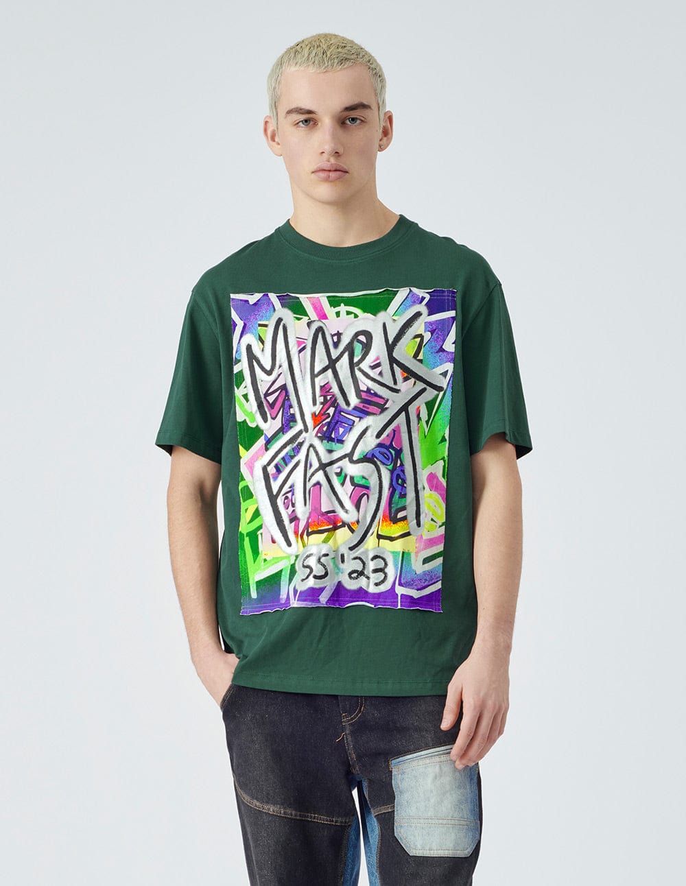 Unisex style dark green printed loose short-sleeved T-shirt